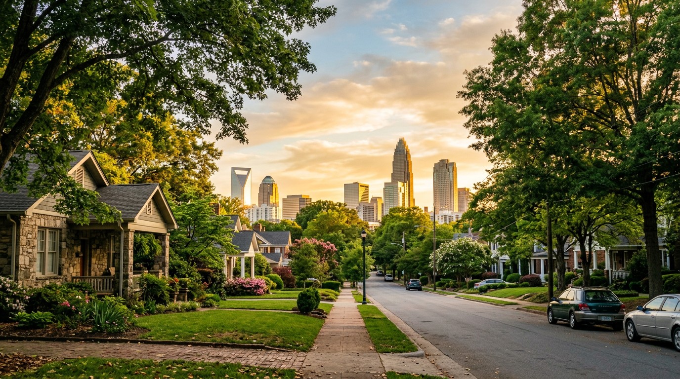 Uptown Charlotte skyline from a tree lined residential street